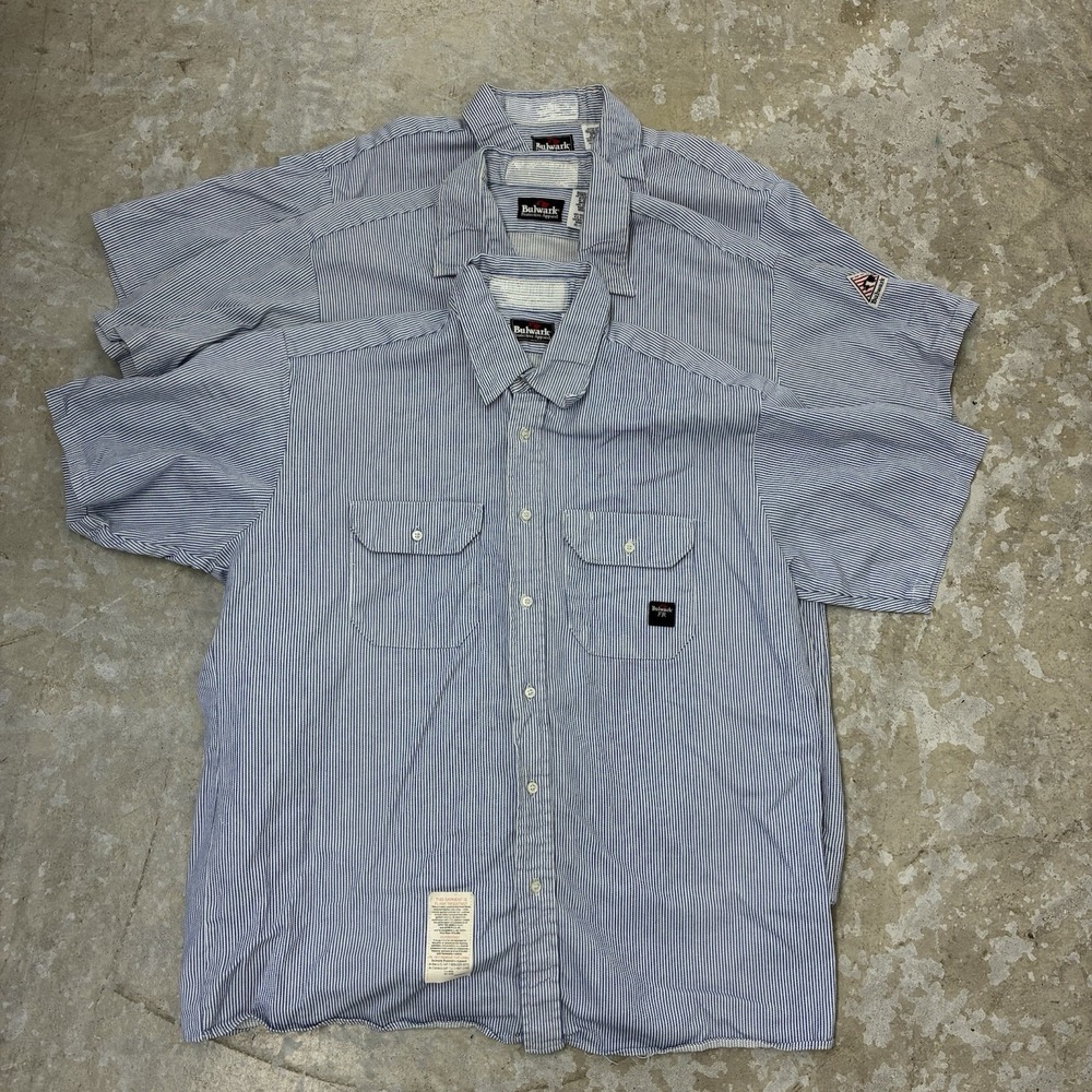 Bulwark FR Shirts Lot 3 Mens XL Blue Striped Work Short Sleeve Button Uniform